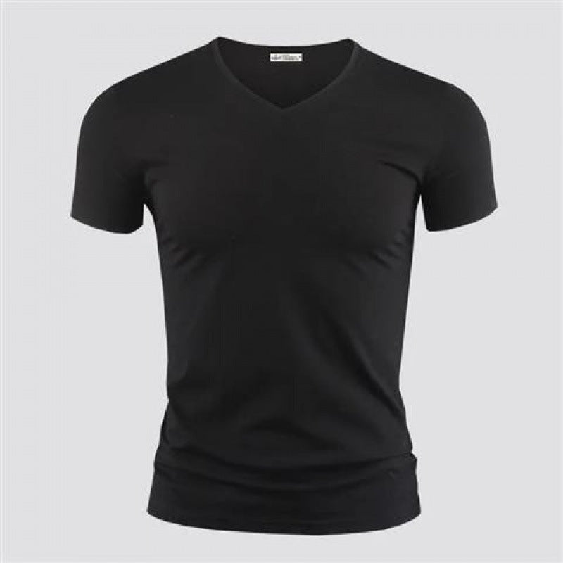 Men's Pure Color V-Collar Short Sleeved T-Shirt Black