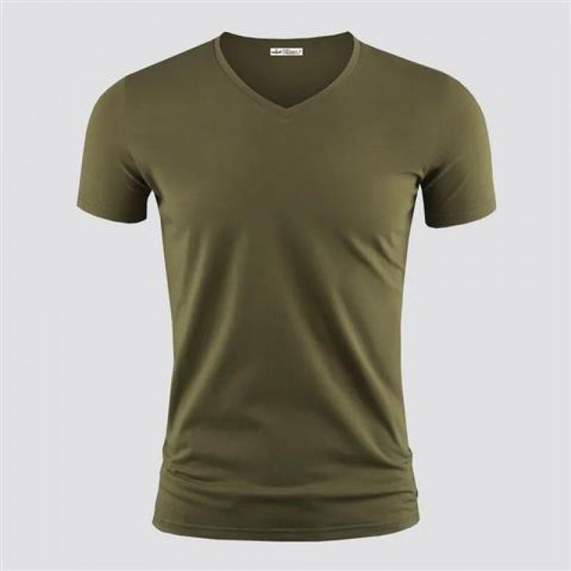 Men's Pure Color V-Collar Short Sleeved T-Shirt Army green