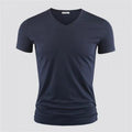 Men's Pure Color V-Collar Short Sleeved T-Shirt Gray Navy Blue