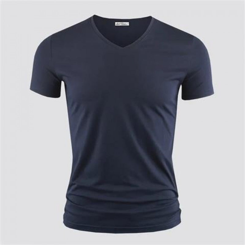 Men's Pure Color V-Collar Short Sleeved T-Shirt Gray Navy Blue